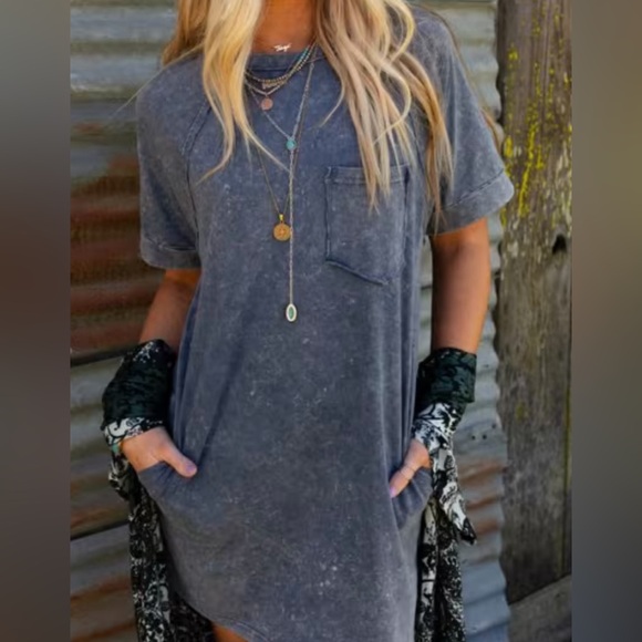 Very J Mineral Washed Navy Blue Pocket Tee T-Shirt Mini Dress Size Large - Picture 5 of 7